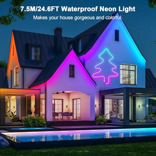 Image of Cozylady RGB Neon Light LED Rope Light,Waterproof Bluetooth APP Remote Control Music Sync Strip Light,24V Flexible DIY Silicone Light for Bedroom Home Indoor Outdoor Decoration (25Ft /7.5M)