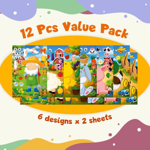 Image of CodersParadise Farm Animal Make-a-Face Sticker Activity Set, 12 Sticker Sheets, Pig, Sheep, Chick, Rabbit, Duck & Farmer Face Stickers, DIY Craft for Kids, Birthday Party Favors