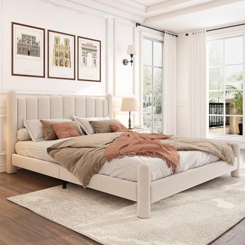 Goeria Cama tapizada con somier y cabecero, patas de apoyo cilíndricas, elegante cabecero en forma de abanico, terciopelo (beige, 160 x 200)