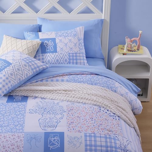 Image of Twin XL Comforter Set for Girls Blue Bow Floral 5 Pieces Bed in a Bag