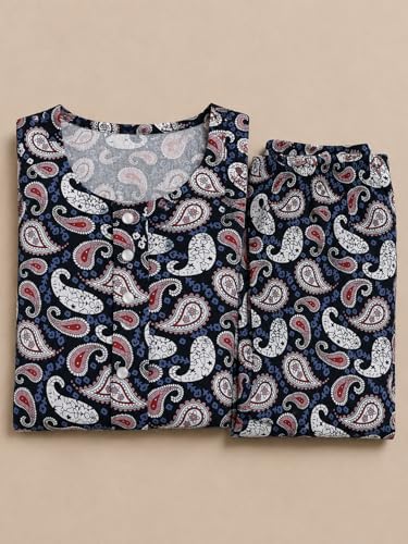 Image of KIAWAH Women Printed Night Suit Set, Cotton Blend Night Suit, A-Line Top and Pajama Set, Soft and Breathable Night Wear