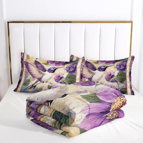 Image of AILONEN Purple Flower Hummingbird Comforter Set Queen Size,Boho Exotic Hummingbird Bedding Set for Girls Women,Beautiful Bird Print Comforter with 2 Pillowcases,3 Pieces