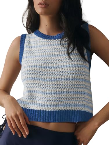 Image of Yousify Womens Crochet Sleeveless Knit Tops Tie Front Sweaters Vest 2025 Summer Tank Tops Boho Off Shoulder Sheer Blue L