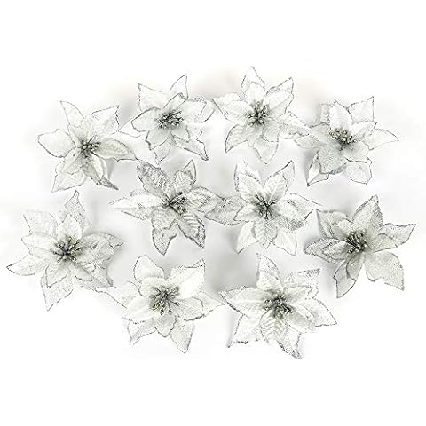 ADSRO 10Pcs Glitter Hollow Wedding Party Decor Christmas Artificial Fabric Simulation Flower Xmas Tree Decorations (White) Cover