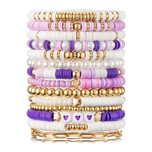 Y1tvei Purple White Bead Bracelets - 14Pcs Purple White Clay Bead Surfer Bracelet Set Stackable Gold Plated Bead Stretch Bracelet Layering Summer Beach Jewelry Friendship Bracelet Gift for Women Girls