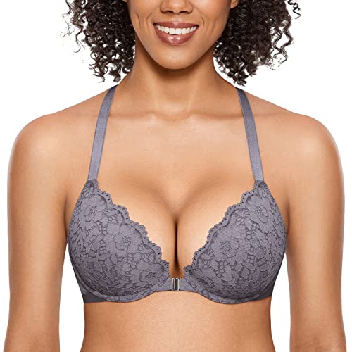 Image of DOBREVA Women's Front Closure Push Up Bra Underwire | Floral Lace, Racerback, Sexy, Cleavage, Padded, Plunge, Party, Date, Supportive