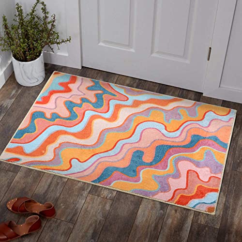 Yokii Vintage Abstract Area Rug 3X5 Faux Wool Hippie Aesthetic Colorful Striped Geometric Non-Slip Throw Rugs Carpet For Kitchen Entryway Rubber Backed, Orange And Blush #TOP1
