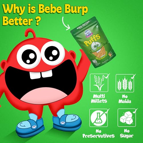 Image of BE'BE' BURP Healthy Puff Snacks | Jowar Cheesy Blast | Baked Puffs, Not Fried, Protein Snacks | No Maida & Gluten-Free | Travel-Friendly | 35gms Each (Pack of 4)