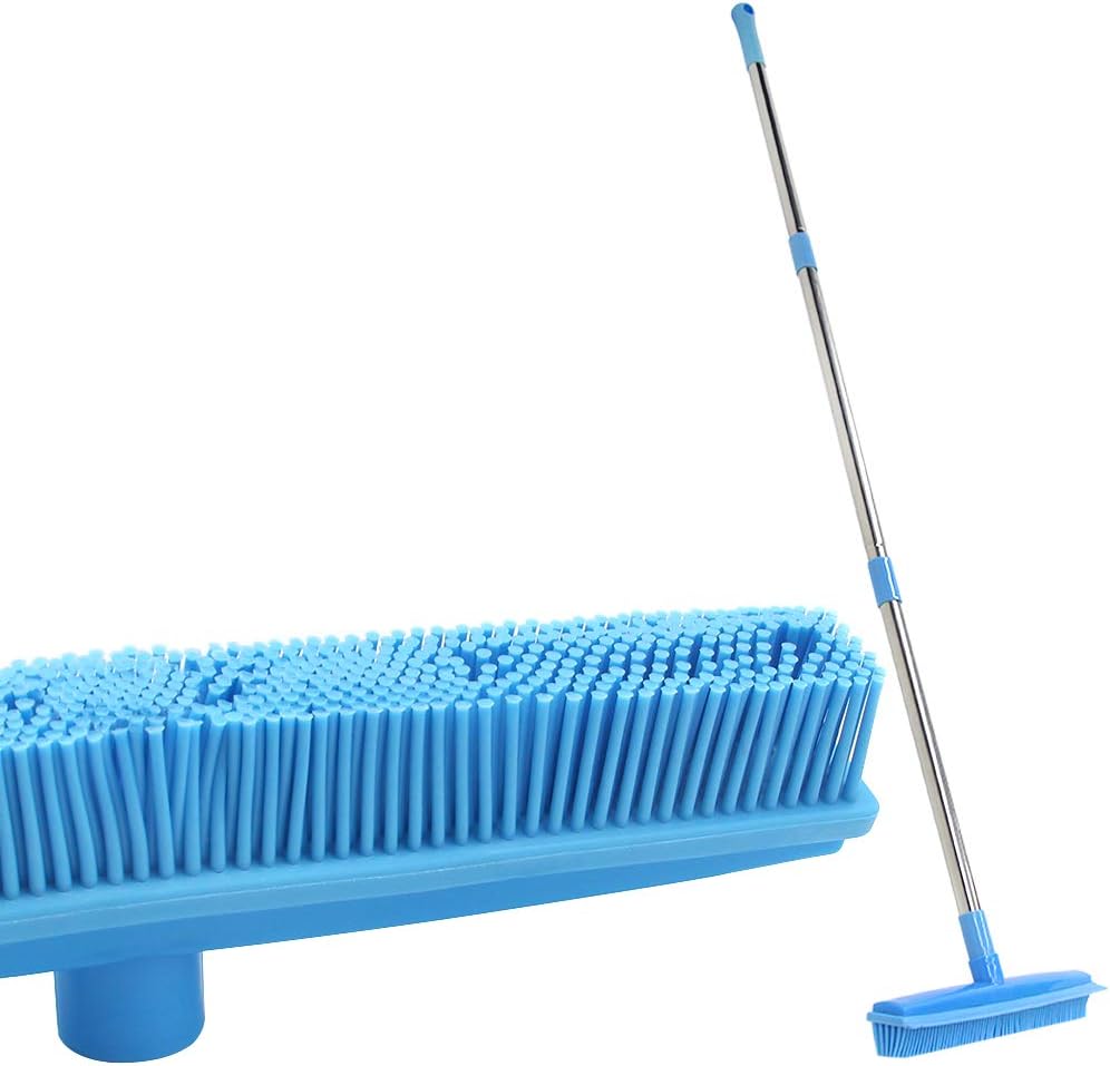 LandHope Carpet Rake Long Handle Pet Dog Hair Rubber Broom Squeegee Fur Remover Broom Carpet Brush 51 inches Indoor Outdoor Push Broom Car Floor Cleaning Non Scratch Bristles Rug Rake Sweeper(Blue)