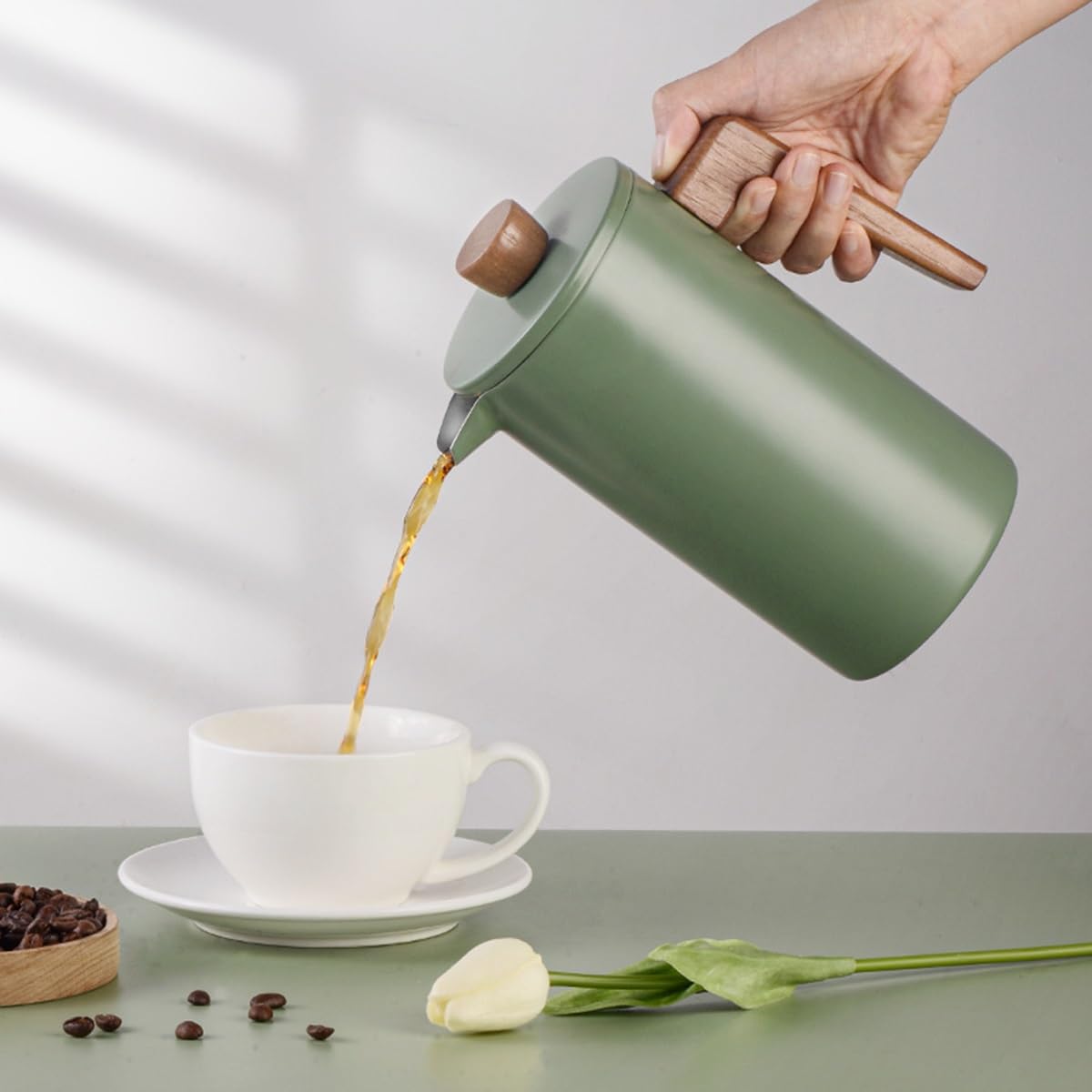 French Press ekspres do kawy 970 ml - drewniany uchwyt izolacja z podwójną ścianką - ekran filtra ze stali nierdzewnej - zaparzony dzbanek do kawy i herbaty