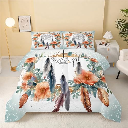 Edredon Cama 90 Blanco Reversible Edredones 4 Estaciones de Microfibra, Ligero y Suave Relleno Nordico Cama 90 Edredón 150x220 cm y 2 Fundas de Almohadas 50x75 cm, Flores, Plumas, Atrapasueños