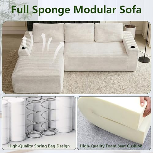 Image of 104.3 inch Modular Sectional Sofa,Modern Corduroy Cloud Couch with Cup Holder & Side Pockets,Boneless Couch Upholstered 3-Seater L-Shaped Sofa for Living Room,No Assembly (White, Left-Facing Chaise) | with Cup Holder