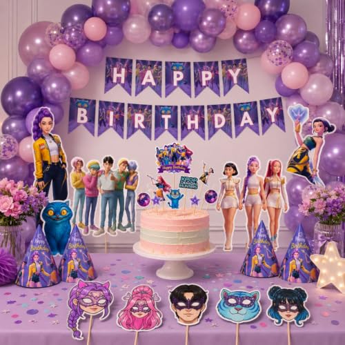 Image of Wanna Party Korean Pop Demon Hunters Birthday Decoration Kit | Happy Birthday Banner, 40 Pink & Purple Balloons, 8 Party Hats, 5 Character Cutouts, 5 Photo Booth Props & Cake Topper Set