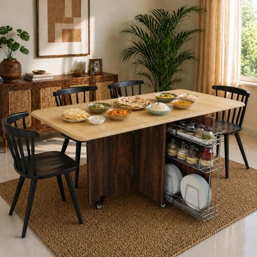 Space-saving engineered wood table with pull-out crockery rack, foldable top and lockable wheels. Chairs are not included.