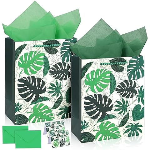 12.6'' Large Gift Bags with Tissue Paper and Card, Gift Bags with Handles, Paper Gift Bags for Women Men for Birthdays Parties, Shopping, Wedding-2 Pcs Turtleback Leaves Cover