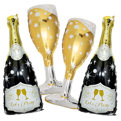 4 Pcs Champagne Balloons Huge Black Gold Champagne Bottle Goblet Aluminum Foil Balloons for Birthday Bachelorette Graduation Anniversary 2026 New Years Eve Party Decorations Supplies