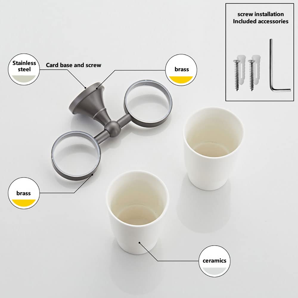 Portaspazzolino doppio, portabicchieri in ceramica montato a parete con 2 tazze in ceramica, supporto porta rasoio for bicchiere dentifricio, supporto organizer da appoggio for il bagno, materiale in