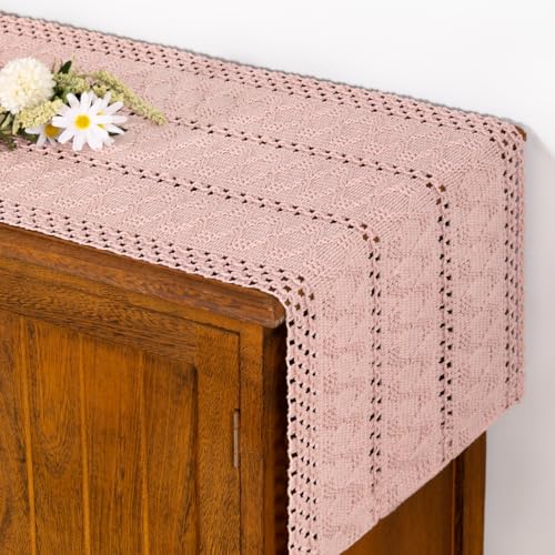 Socomi Boho Table Runner Summer Farmhouse Rustic Macrame Seasonal Long Woven Cotton Linen Small Coffee Dining Kitchen Table Runner for Dresser Scarf Holiday Home Decor 72in Pink