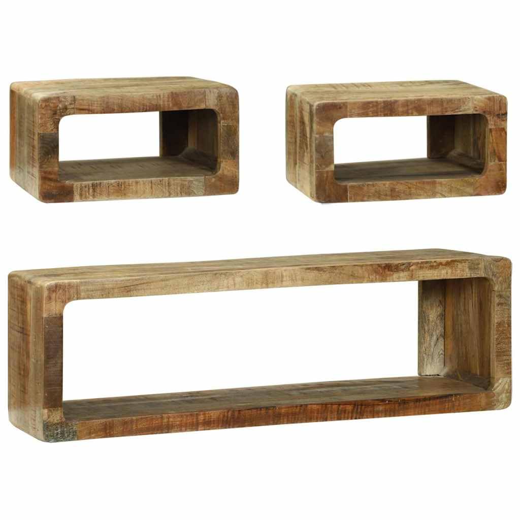 Set di mobili per TV con mensola, 3 pezzi, in legno massiccio di mango, con vano portaoggetti, rack HiFi e cassettiera per CD, DVD, per soggiorno, home theater, gaming, con cassetto, scomparto