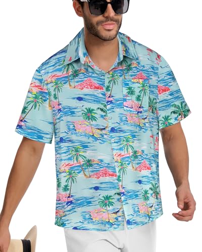 Image of Men Hawaiian Shirt Short Sleeve Summer Beach Button Down Shirts with Pocket