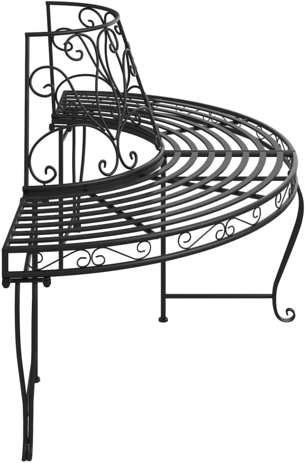 vidaXL Tree Bench Black Steel Half Round Decorative Inlays