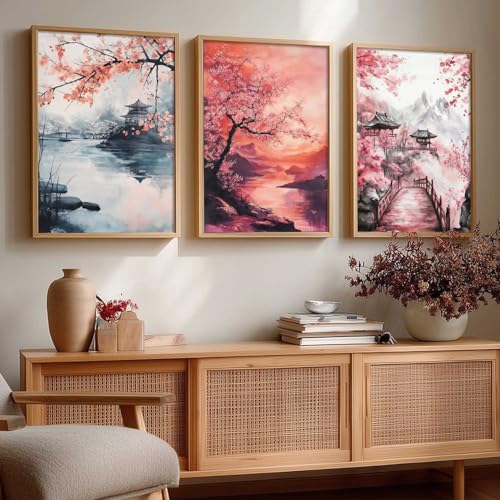 Image of kotart Big Aesthetic Japanese Nature Art View Framed Poster | Castle View Wall Framed Posters for Living Room Bedroom Wall Decor Set Of 3 (35x37 Inch)