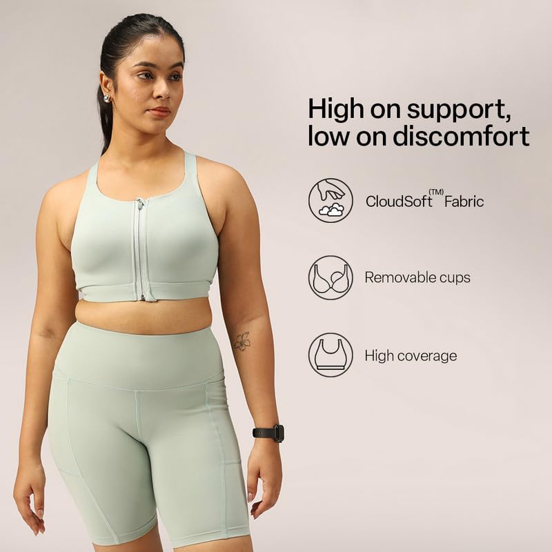 Image of BlissClub Zip-Up Sports Bra | Front Zip Closure | Attached Hook for Extra Support | Adjustable Straps | Removable Cups