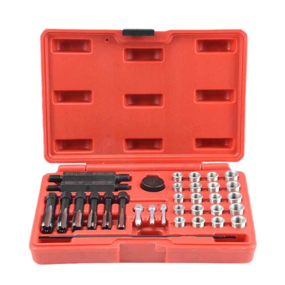 aqxreight Kit di Riparazione Filettatura Candela, 33 Pezzi, Set di Utensili per Scanalatura Filettatura in Acciaio per Testata Motore, Include Maschi M8 M10, Bobine Filettate, Driver per Inserti,