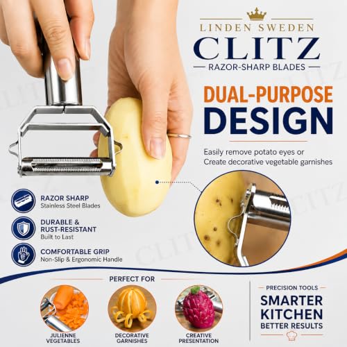 Image of Linden Sweden CLITZ 2 in 1 Stainless Steel Vegetable Peeler & Julienne Slicer with Cleaning Brush