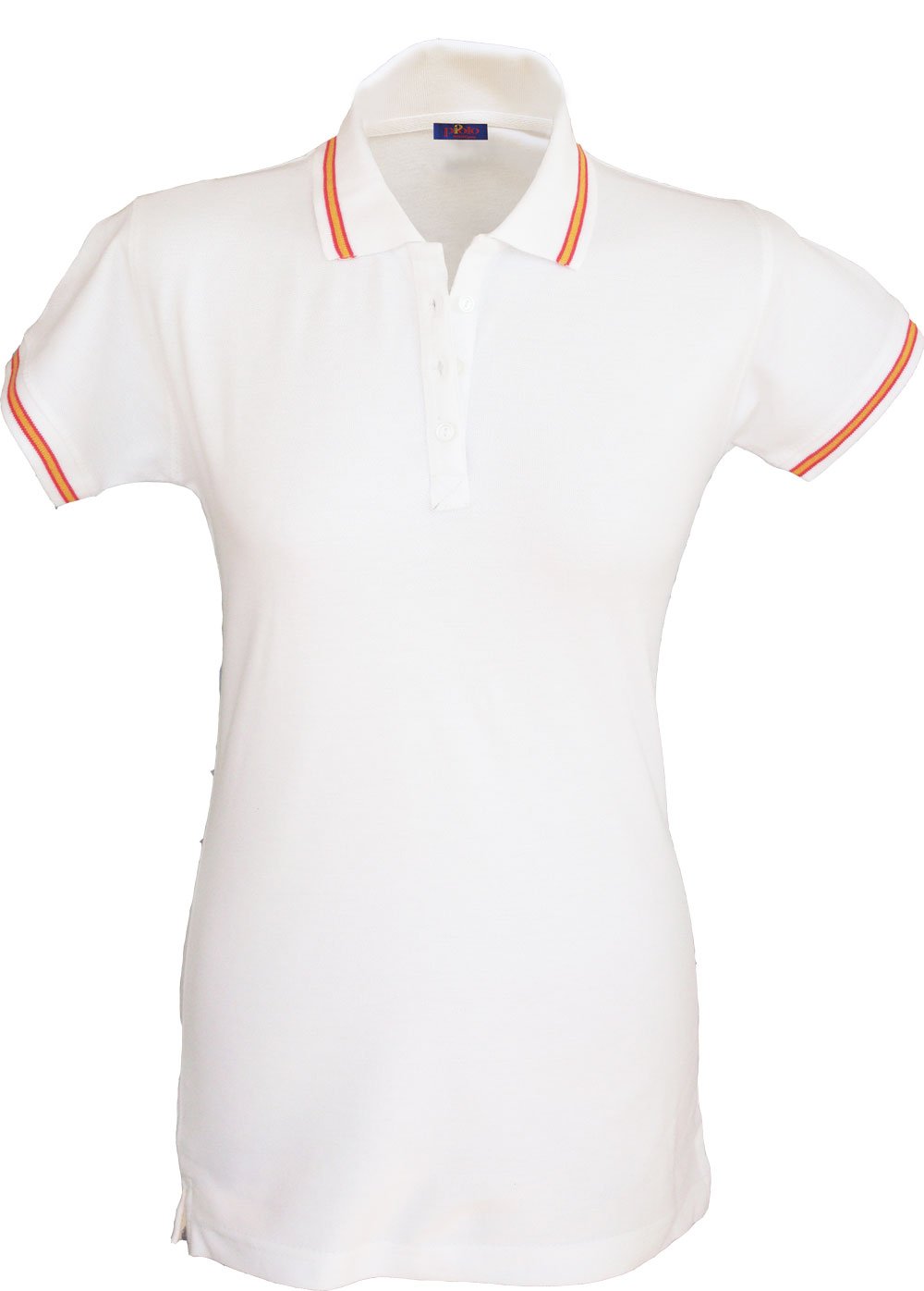Polo Mujer Bandera de España en Cuello y Mangas Blanco. 100% algodón