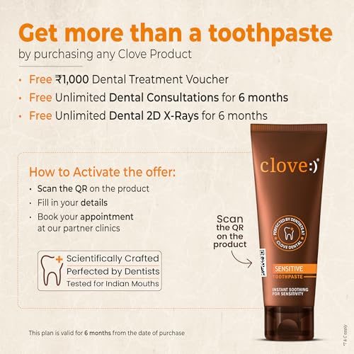 Image of Clove Sensitive combo, FREE ₹2000 Dental Treatment / Services With Every Pack , Sensitivity Toothpaste with ultra soft toothbrush , Reduce Senstivity, Dual Action For Sensitivty & Bad Breath, Strengthens Enamel, 4160 dupont tynex bristles
