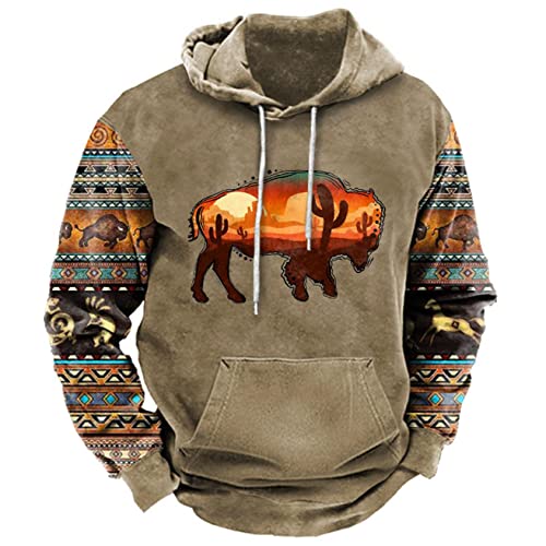 PORCLAY Men's Western Aztec Sweatshirts Colorblock Pullover Tops Casual Loose Ethnic Print Retro Hoodies with Drawstring PocketX-S Brown