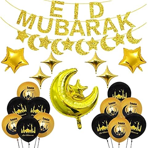 Eid Mubarak Decorations Set,Eid Mubarak Banner Gold Black Latex Balloon, Foil Balloons for Eid Mubarak Ramadan Party Decorations Supplies Cover