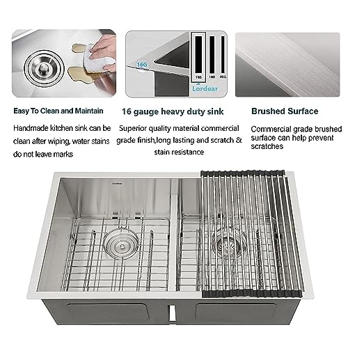 33 Double Bowl Kitchen Sink Undermount - Lordear 33 Inch Undermount Kitchen Sink Low Divide Double Bowl 50/50 16 Gauge Stainless Steel Kitchen Sink Basin #TOP3
