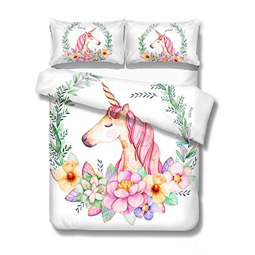 Odot Parure de Lit Housse de Couette 2 Personne, 3pcs Microfibre Licorne 3D Impression Hypoallergique avec Fermeture éclair Taies d'oreiller (220x240cm,Fleur Rose) Cover