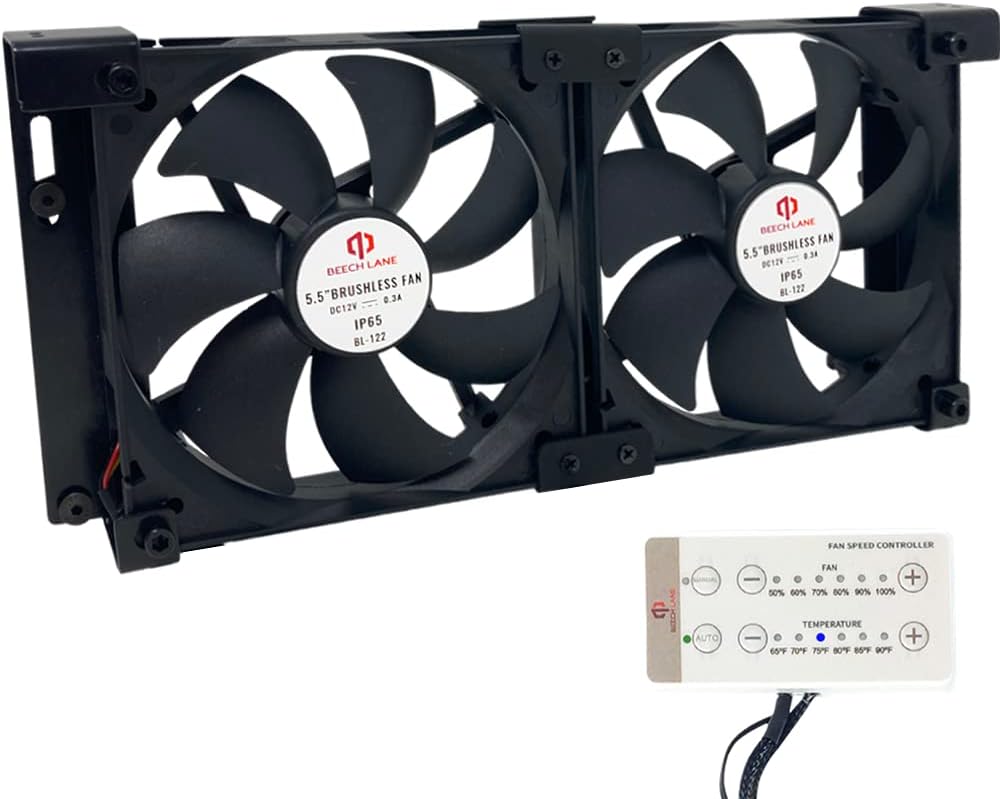 Beech Lane 12V RV Fridge Ventilation Cooling Fan 5.5" (140mm), Custom Mounts For American RV Side Vents, Adjustable Temperature Settings, High-Tech Remote With Manual/Auto Modes, Waterproof
