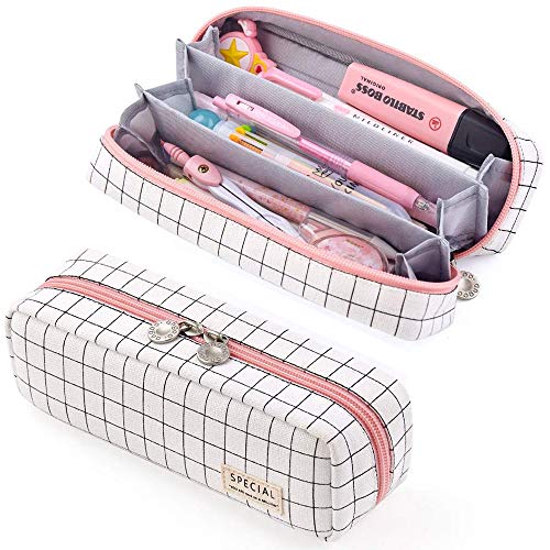 Federmäppchen mit 3 Fächern für Schreibwaren, für Mädchen, Teenager, Studenten, Kunstschule und Bürobedarf (kariert, weiß)