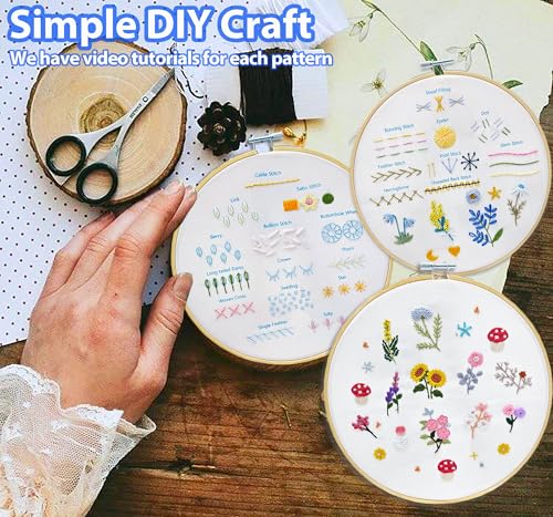 Image of Sutesloly Hand Embroidery Kit for Beginners Adults, 4 Sets Learn to Floral Patterns Simple Starter kit for Beginners, Easy Practice Kit, 7.8inch Hoop, DIY Craft Gift for Women, Pink and Blue