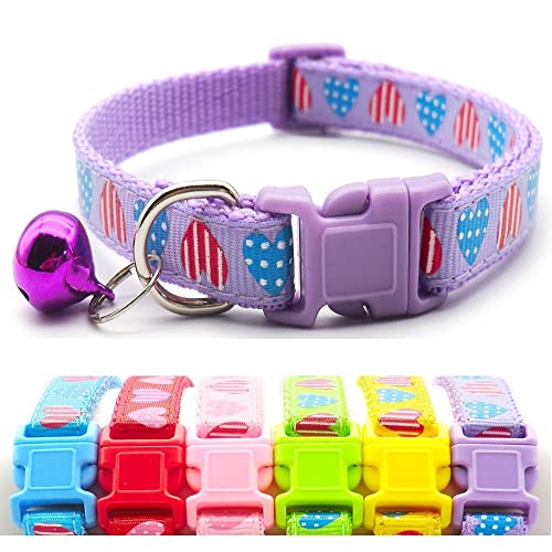 Small Dog Puppy Pet Collar Love Heart Design with Bell Nylon Adjustable Size 19-32cm Purple, Extra Small