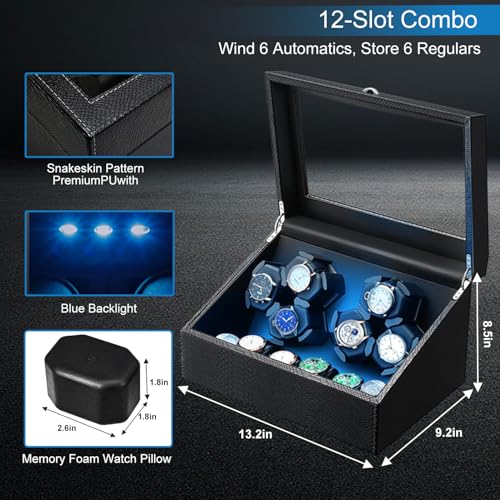 Image of J&T Technology Watch Winder for Automatic Watches,Automatic Watch Winder with LED Light,6 Watch Winder + 6 Storage Case with Quiet Motor for Man /Woman's Watches(PU Snake Skin)
