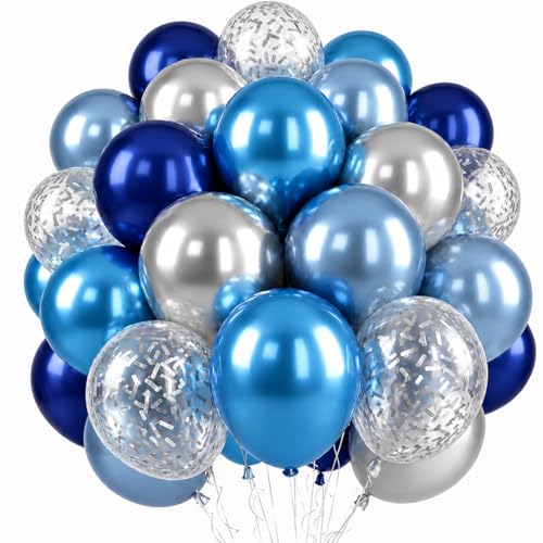 Image of Blue and Silver Balloons, 50PCS 12 Inch Metallic Blue Silver Balloons Dark Navy Confetti Party Latex Balloon Baby Blue Mixed Balloon for Birthday Graduation Shower Wedding Retirement