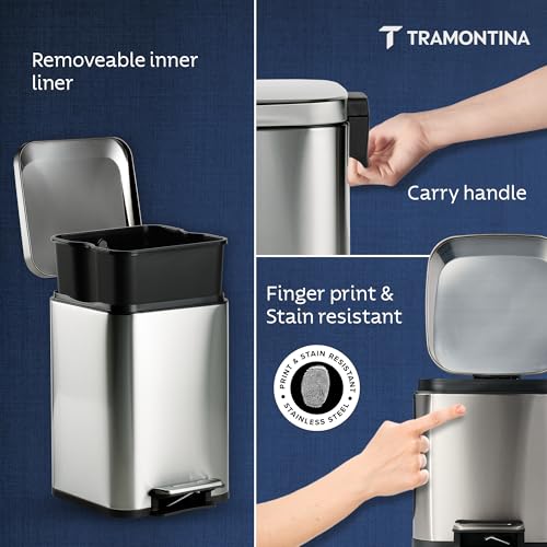 Image of TRAMONTINA 8 Litre Stainless Steel Step Dustbin | Fingerprint-Resistant Finish | Soft-Close Lid | Removable Inner Bucket | Square Trash Can for Home, Office & Hospitality