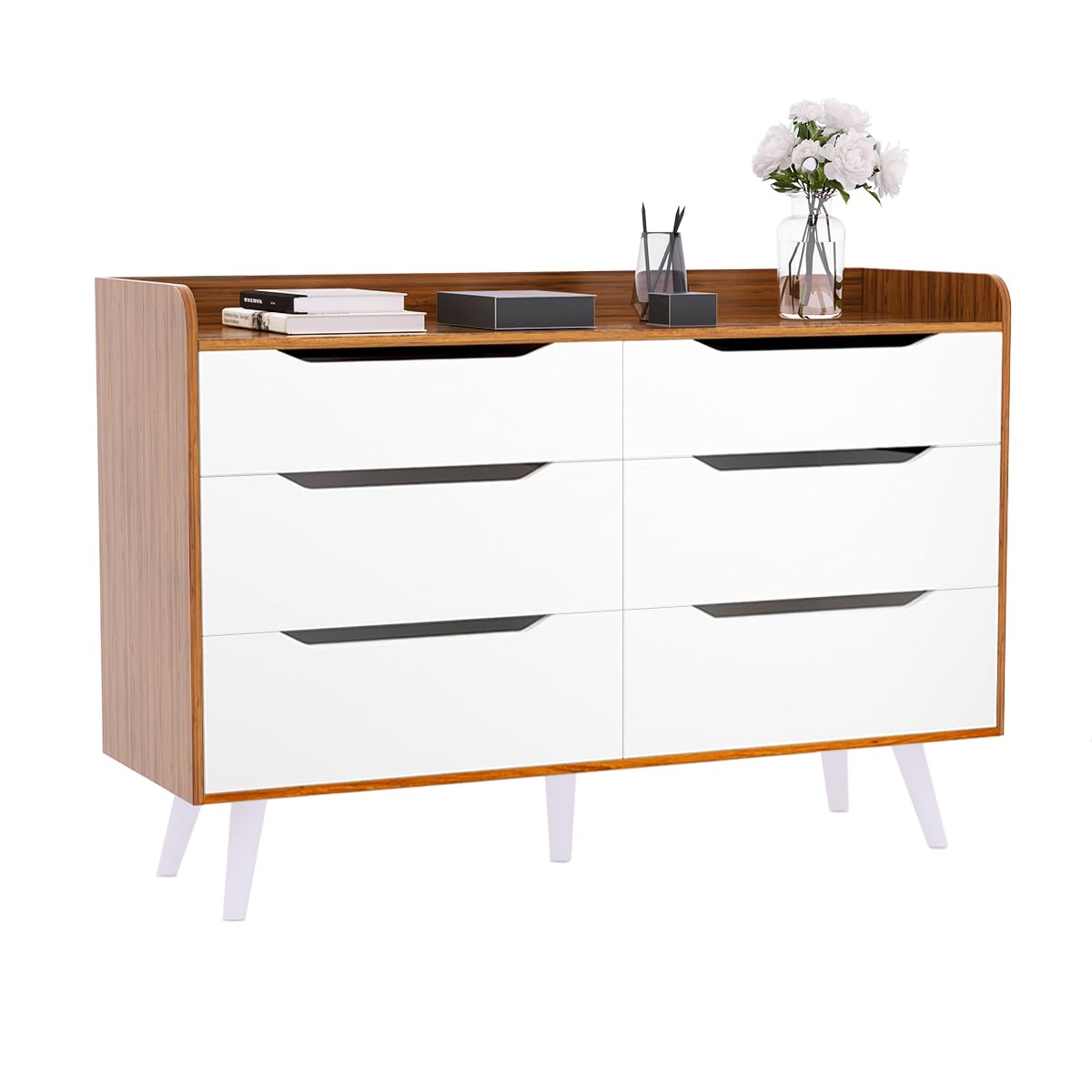 DHMAKER 6 Drawer Wood Dresser, Mid Century Modern Double Dresser, Wide Chest of Drawers, Wooden Storage Cabinet for Bedroom, Entryway, Living Room, Hallway