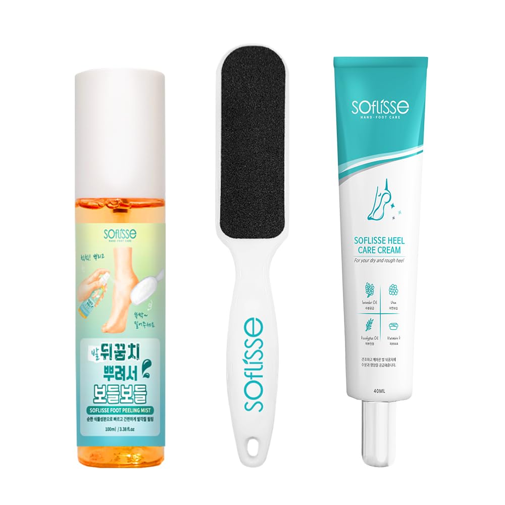 [Soflisse] Foot & Heel Peeling Triple Set, Hypoallergenic Foot Peeling Mist (3.38 fl.oz), Foot Cream (1.41 fl.oz) and Foot File Bundle Set
