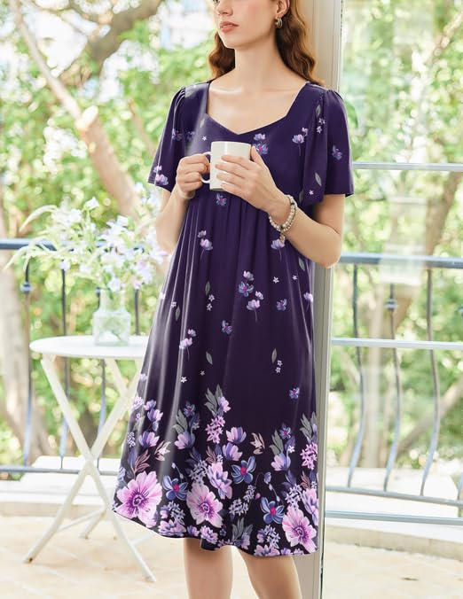 Image of Ekouaer Women's House Dress - Pleated Nightgown with Short Sleeves & Pockets