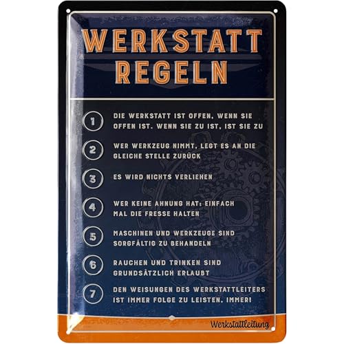 LANOLU Retro Blechschild Werkstatt Schild - lustige Werkstattregeln für Männer mit den 7 wichtigsten Regeln für die Werkstatt - KFZ Mechaniker Geschenk - vintage Deko Metallschild 20x30cm
