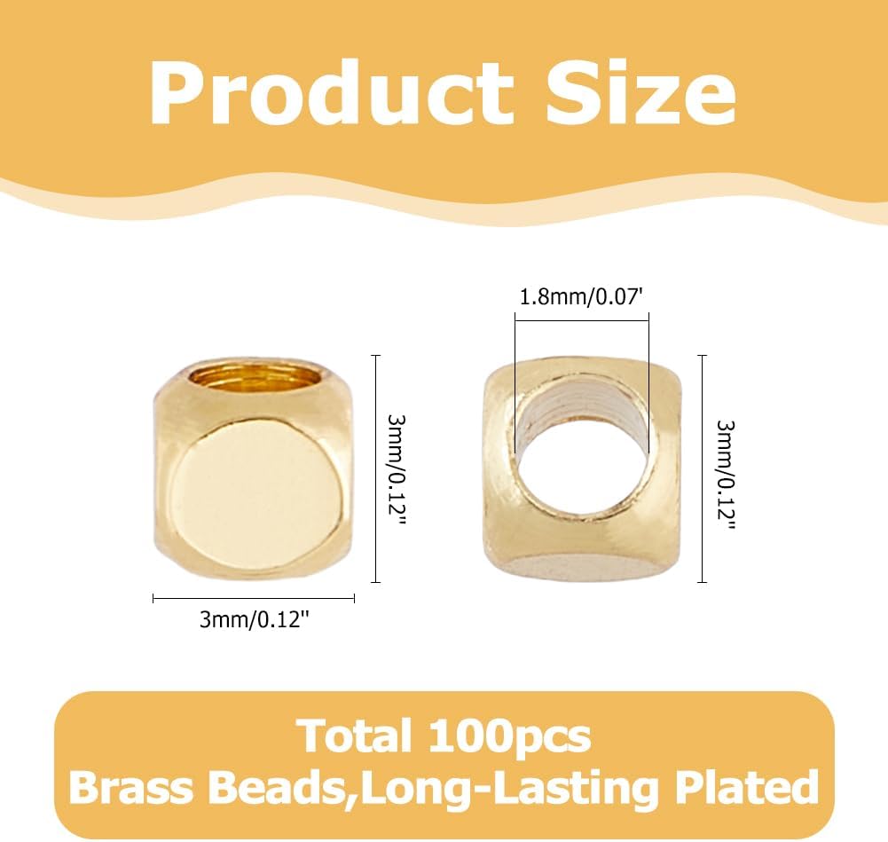 100pcs Real 18k Gold Plated Spacer Beads Cube Loose Spacer Bead Charms 1.8mm Square Smooth Brass Metal Beads Cornerless Jewelry Findings for Bracelets Crafts DIY - Image 2