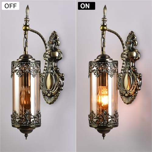 Image of Rustic Wall Sconce with Amber Glass Gothic | Vintage Antique Wall Light Fixture E26 Mid Centry Lantern Bedside Sconces Wall for Living Room Bathroom Mirror