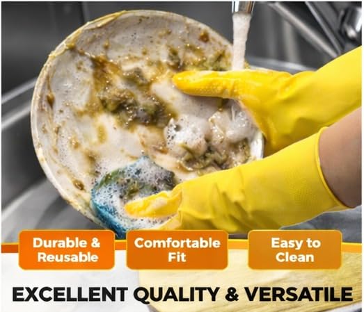Image of LADWA Premium Rubber Household Cleaning Gloves, Yellow and Red Color Reusable Waterproof Gloves for Kitchen Cleaning, Dishwashing, Gardening and Bathroom Use with Strong Grip (Pack of 10 Pairs)