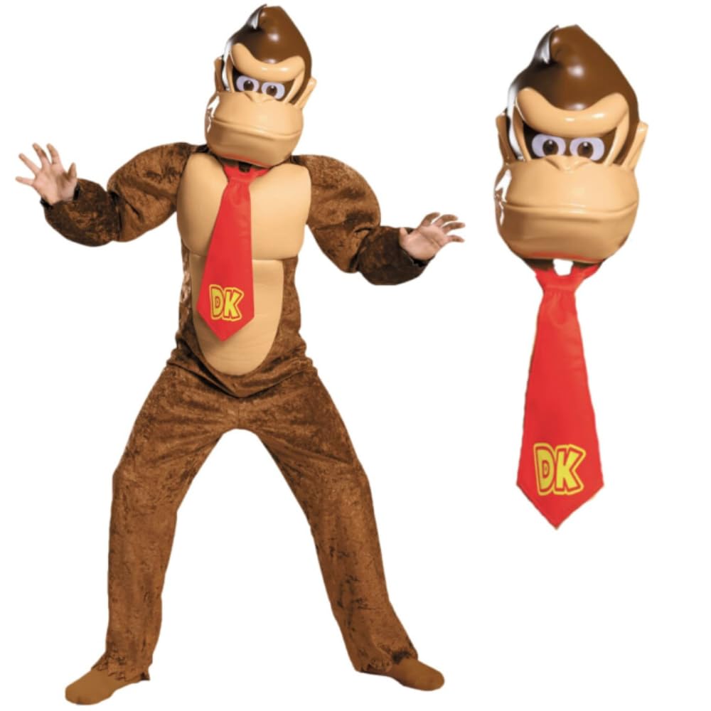 Super Mario Bros Donkey Kong Fancy Dress for Kids, Official Nintendo by Disguise, Includes Jumpsuit with Padded Torso, Iconic Red DK Tie and Donkey Kong Mask, for ages 7-8 and 10-12 years